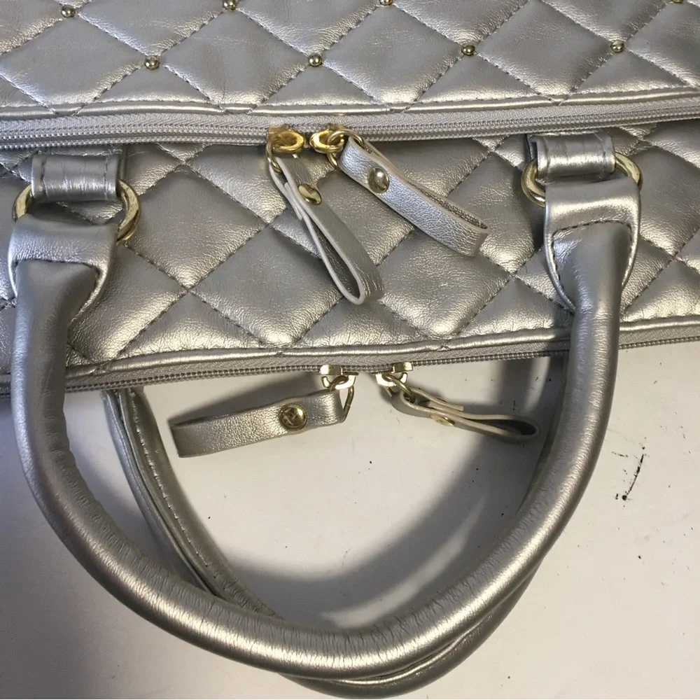 BUENO embellished laptop crossbody metallic bag silver/gray Gold beads SA…